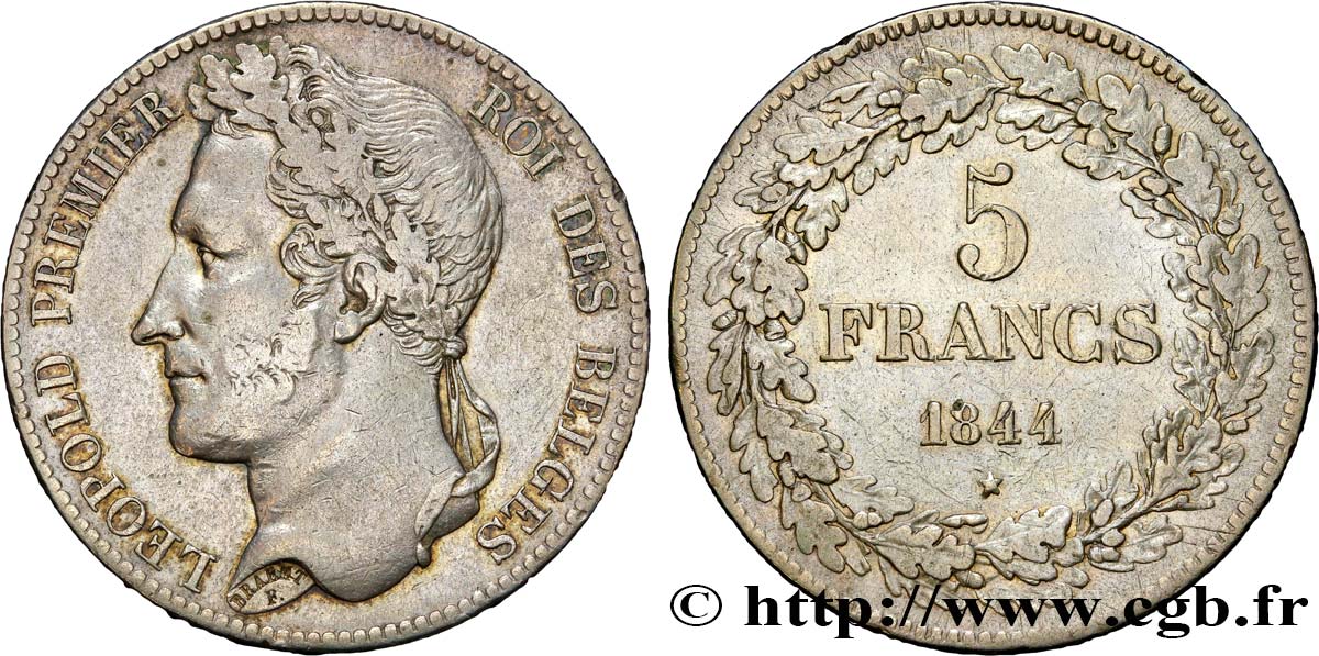 BELGIQUE 5 Francs Léopold Ier 1844  TTB 