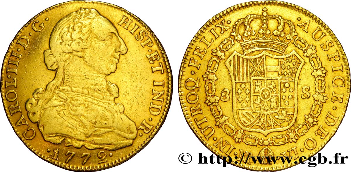 COLOMBIE 8 Escudos or Charles III  1772 Nuevo Reino (Bogota) TB+ 