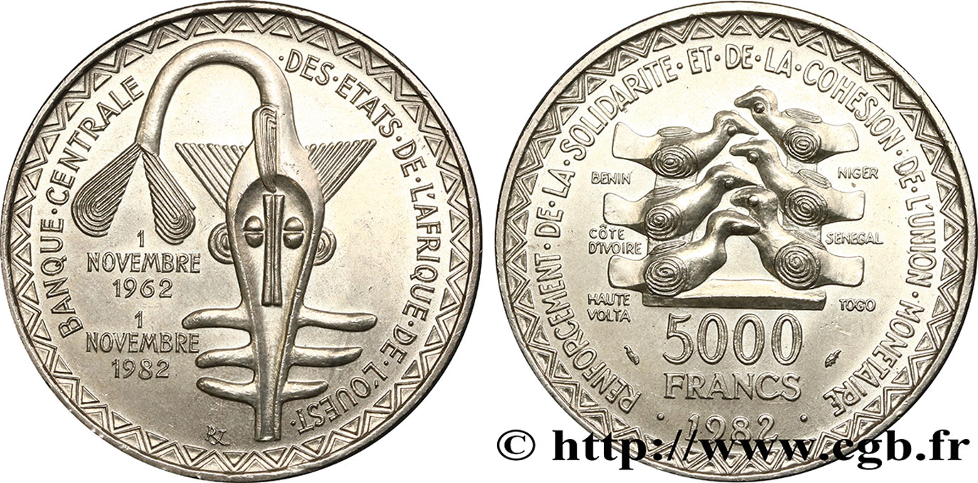 WESTAFRIKANISCHE LÄNDER 5000 Francs masque 20e anniversaire de l’Union Monétaire 1982  VZ 