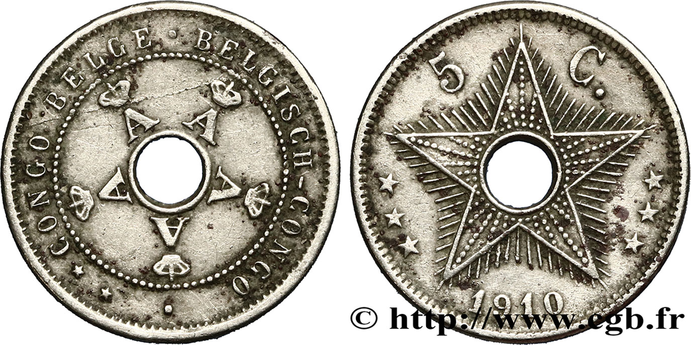 CONGO BELGA 5 Centimes monogrames du roi Albert 1910 Heaton BB 