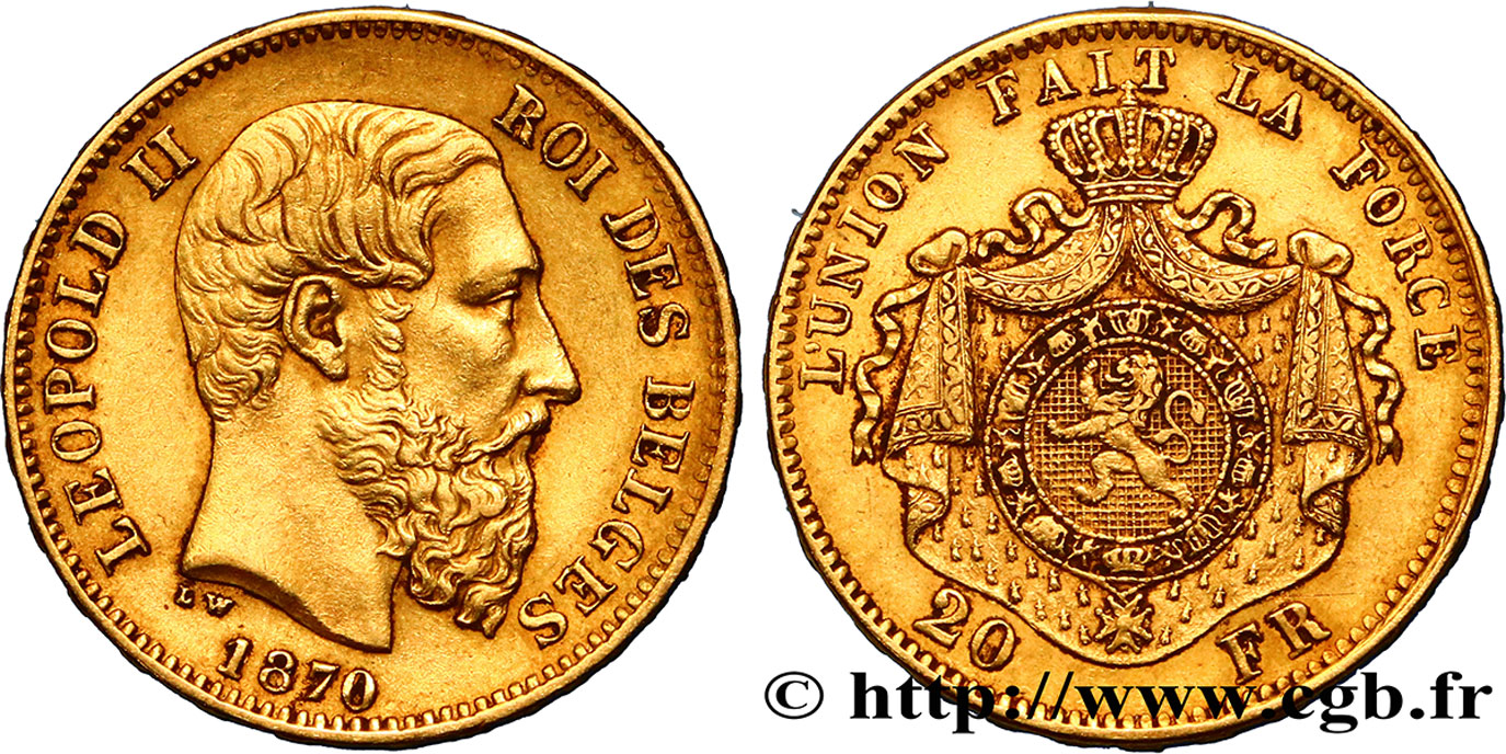 BELGIQUE 20 Francs or Léopold II  4e type 1870 Bruxelles TTB 