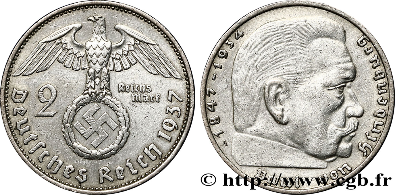 ALLEMAGNE 2 Reichsmark Maréchal Paul von Hindenburg 1937 Berlin TTB+ 