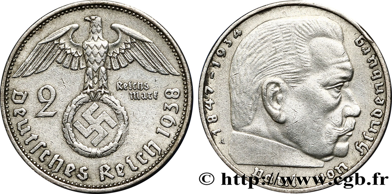 GERMANIA 2 Reichsmark aigle surmontant une swastika / Maréchal Paul von Hindenburg 1938 Berlin q.SPL 