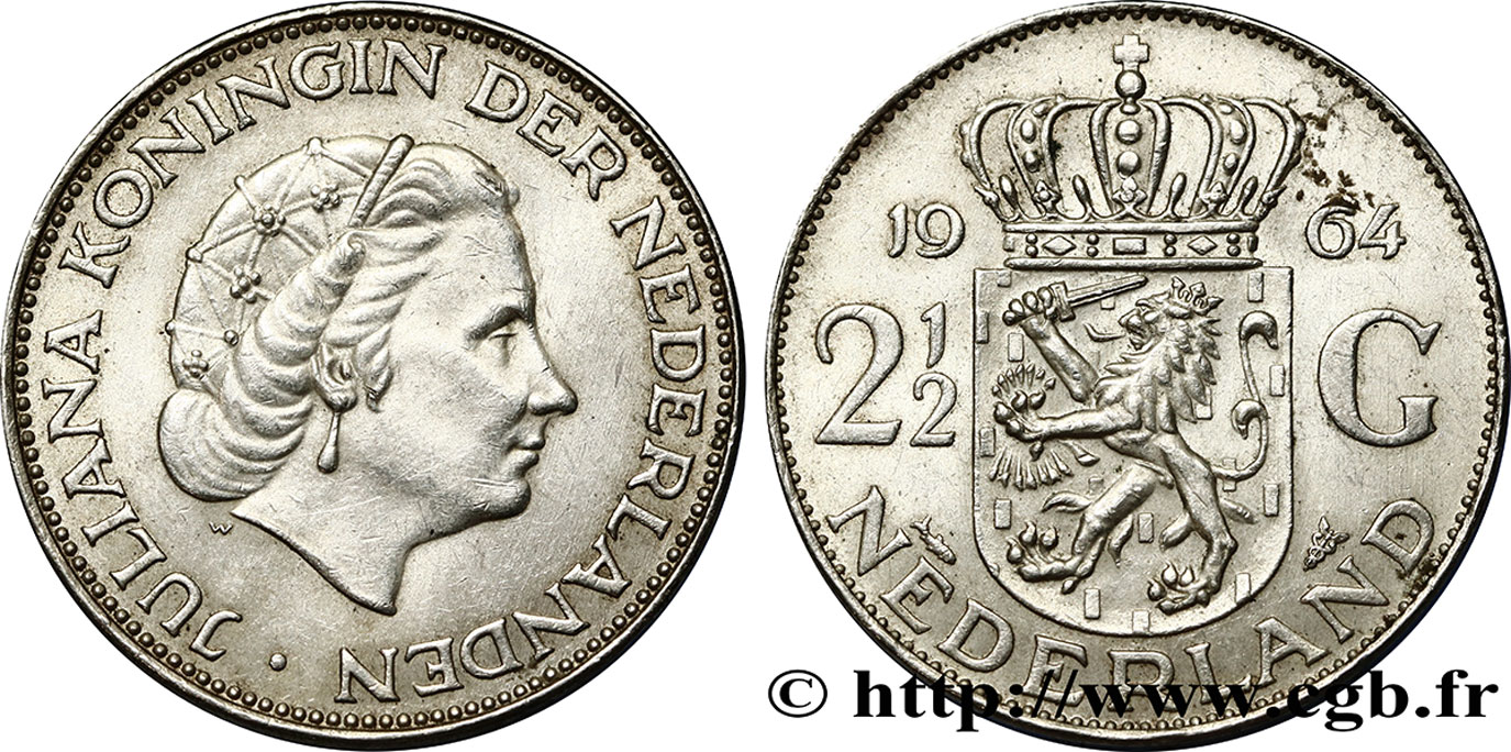 NETHERLANDS 2 1/2 Gulden Juliana 1964 Utrecht AU 