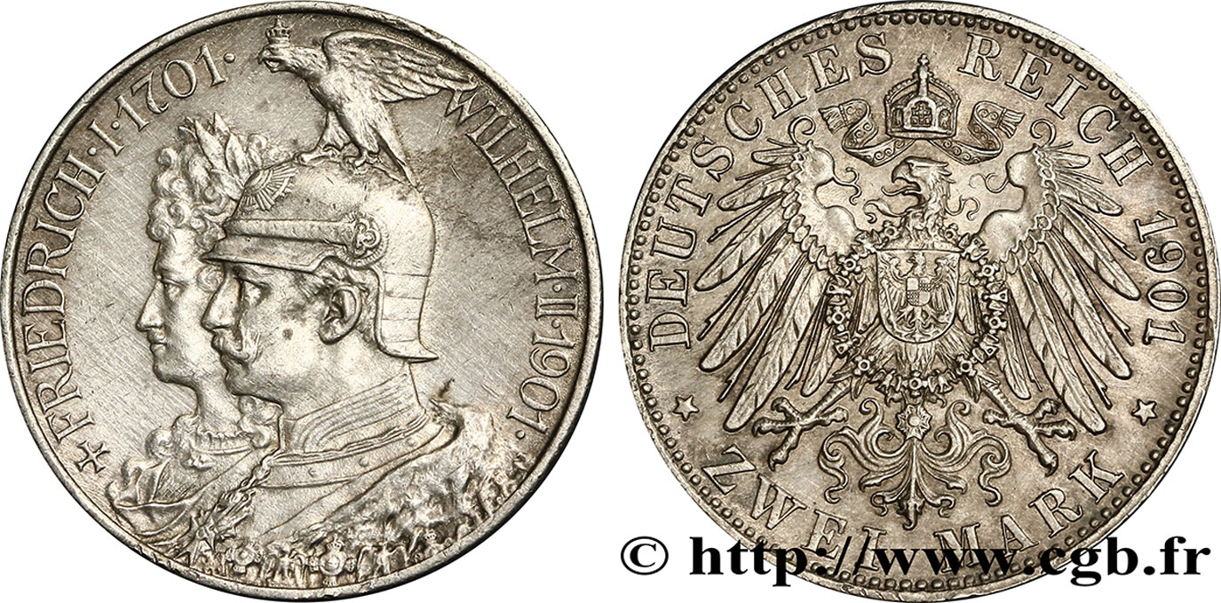 ALLEMAGNE - PRUSSE 2 Mark Guillaume II 200e anniversaire de la Prusse 1901 Berlin SUP 
