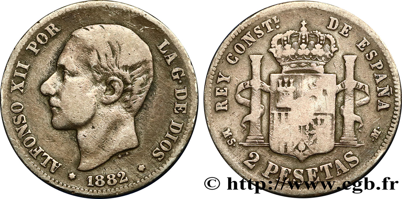 ESPAGNE 2 Pesetas Alphonse XII / emblème couronné (1882) 1882  TB 