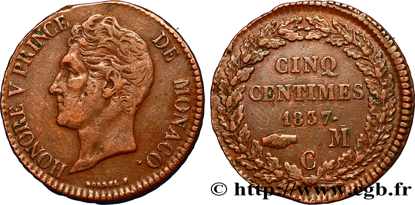 MONACO 5 Centimes Honoré V petite tête en cuivre rouge 1837 Monaco TTB 