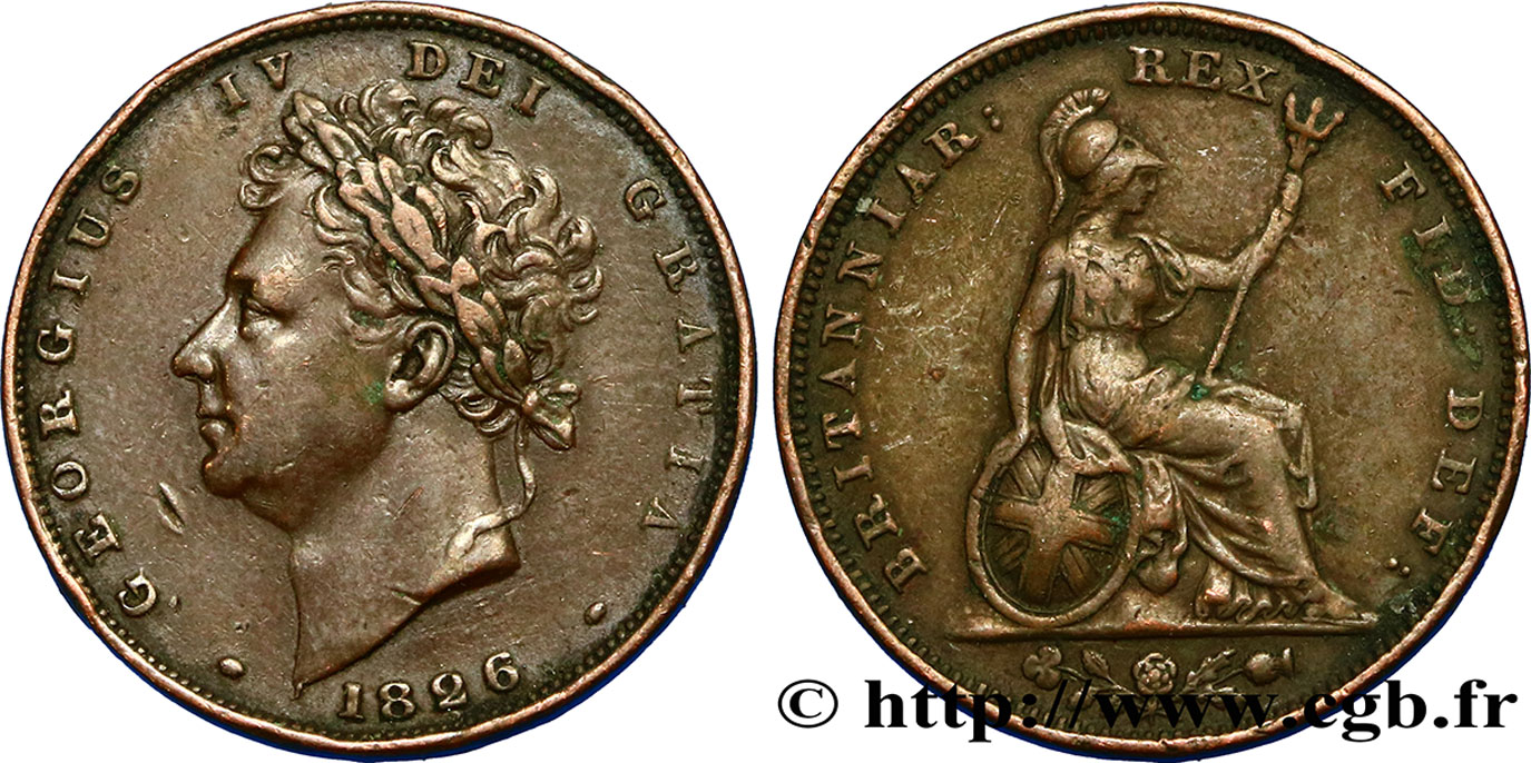 ROYAUME-UNI 1 Farthing Georges IIII tête laurée / Britannia 1826  TTB+ 