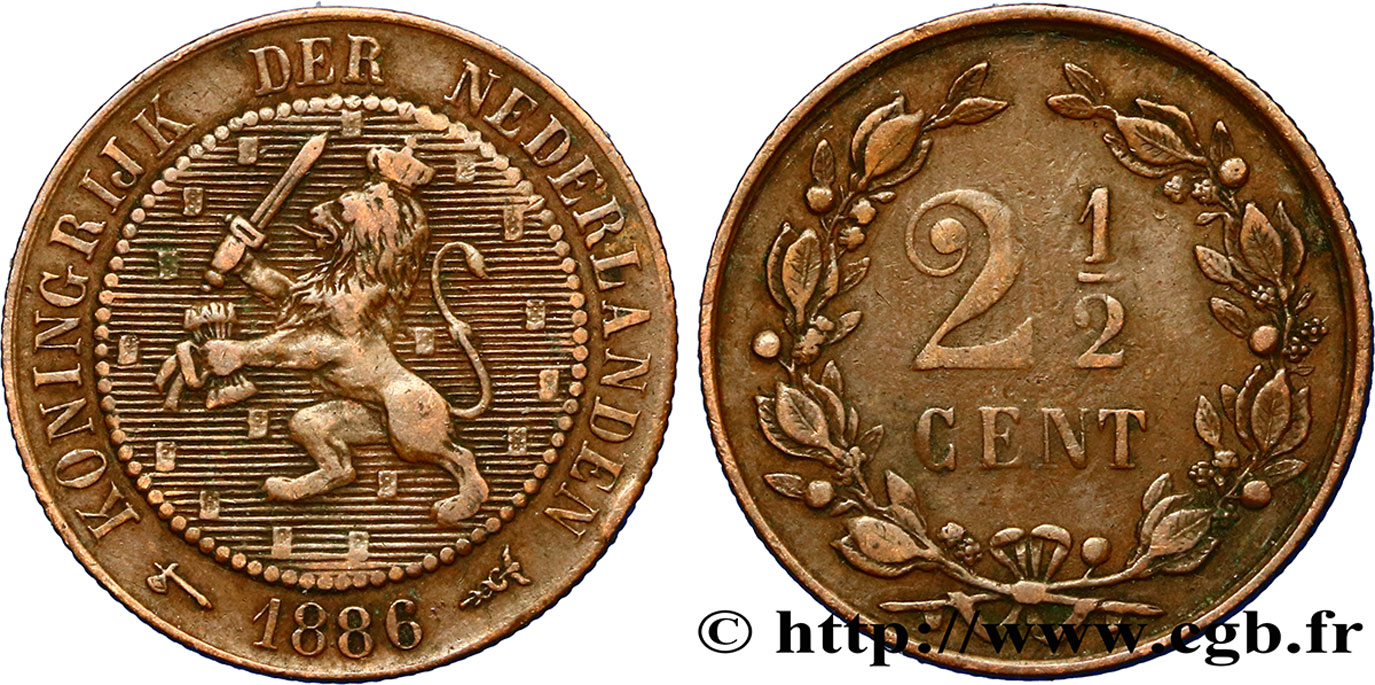 PAYS-BAS 2 1/2 Cents lion couronné 1886 Utrecht TTB 