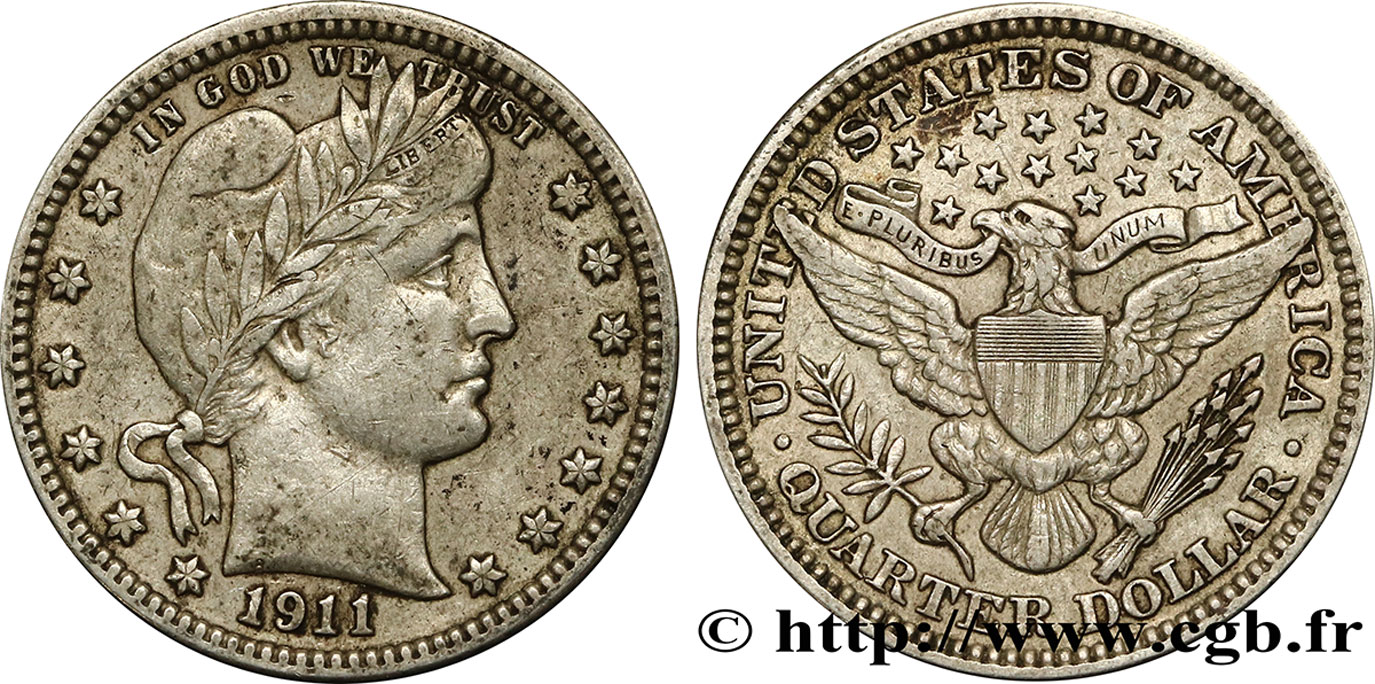 ÉTATS-UNIS D&nbsp;AMÉRIQUE 1/4 Dollar Barber 1911 Philadelphie TTB 