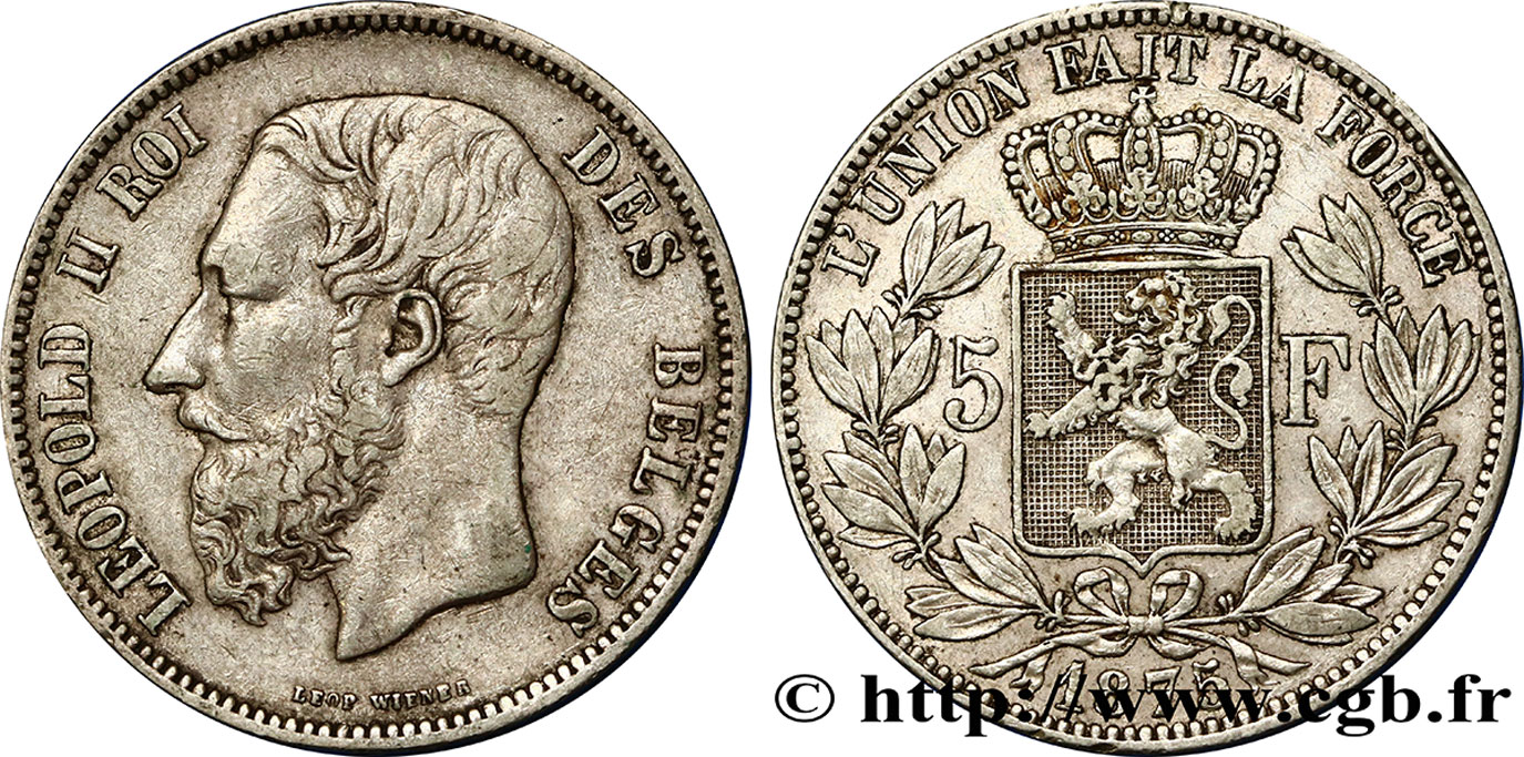 BELGIQUE 5 Francs Léopold II 1875  TB+/TTB 