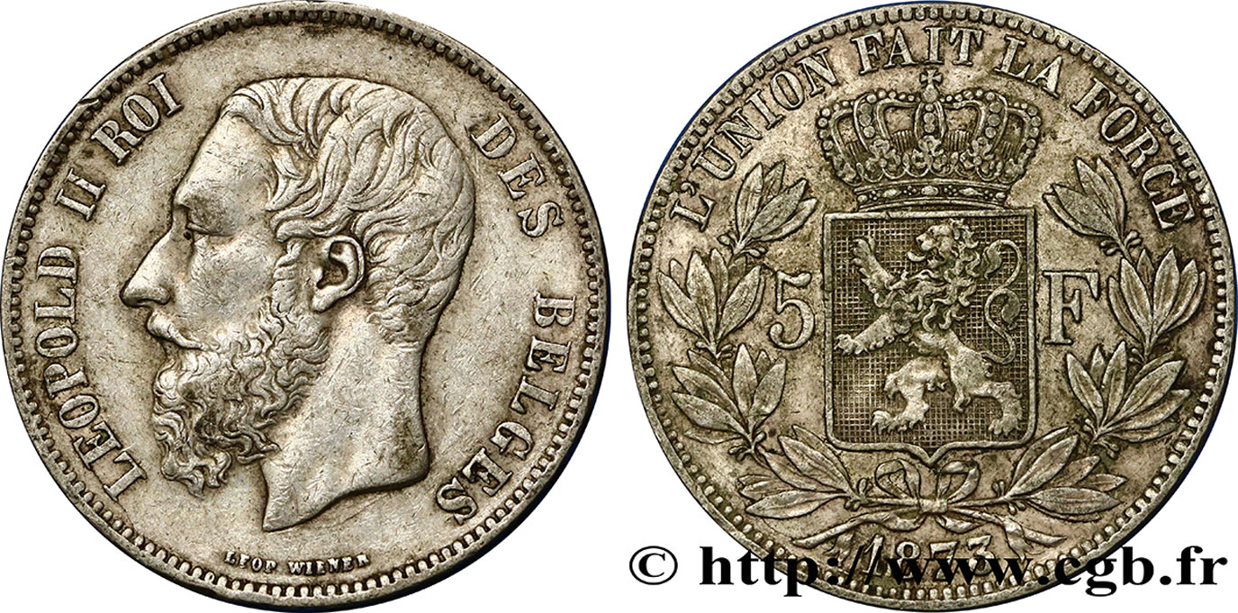 BELGIQUE 5 Francs Léopold II 1873  TB+/TTB+ 