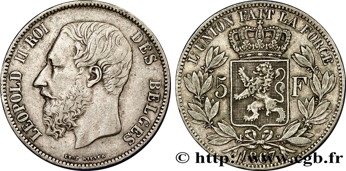 BELGIQUE 5 Francs Léopold II 1867  TB+ 