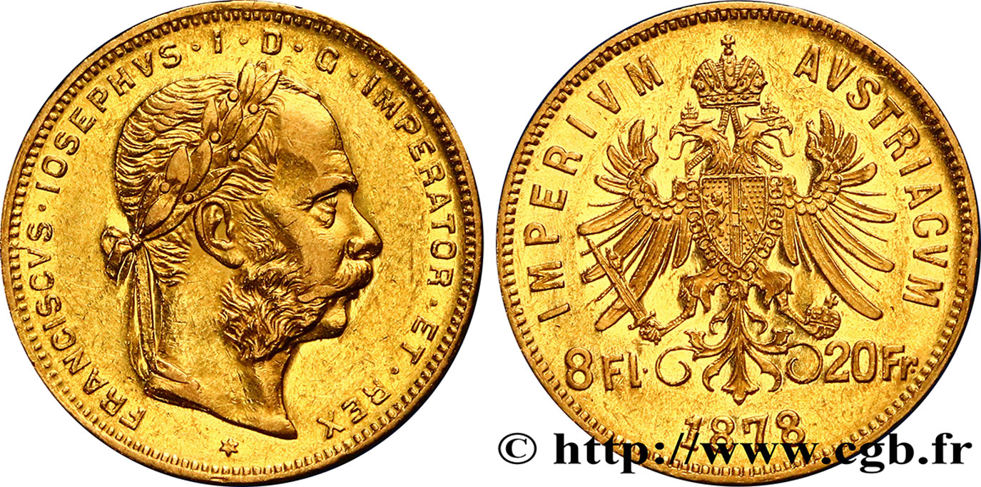 AUTRICHE 8 Florins ou 20 Francs or François-Joseph Ier 1878 Vienne TTB+ 