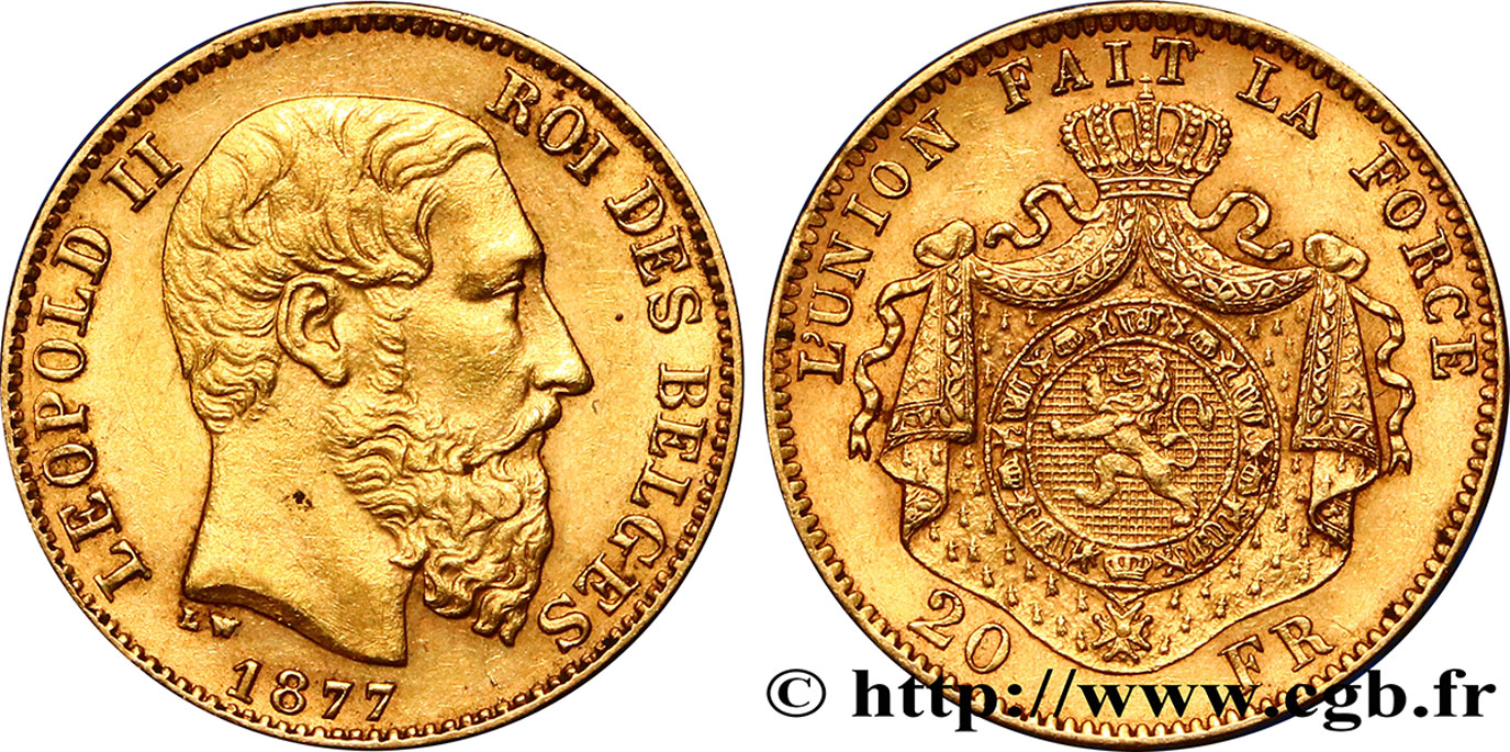 BELGIQUE 20 Francs or Léopold II 1877 Bruxelles TTB+ 