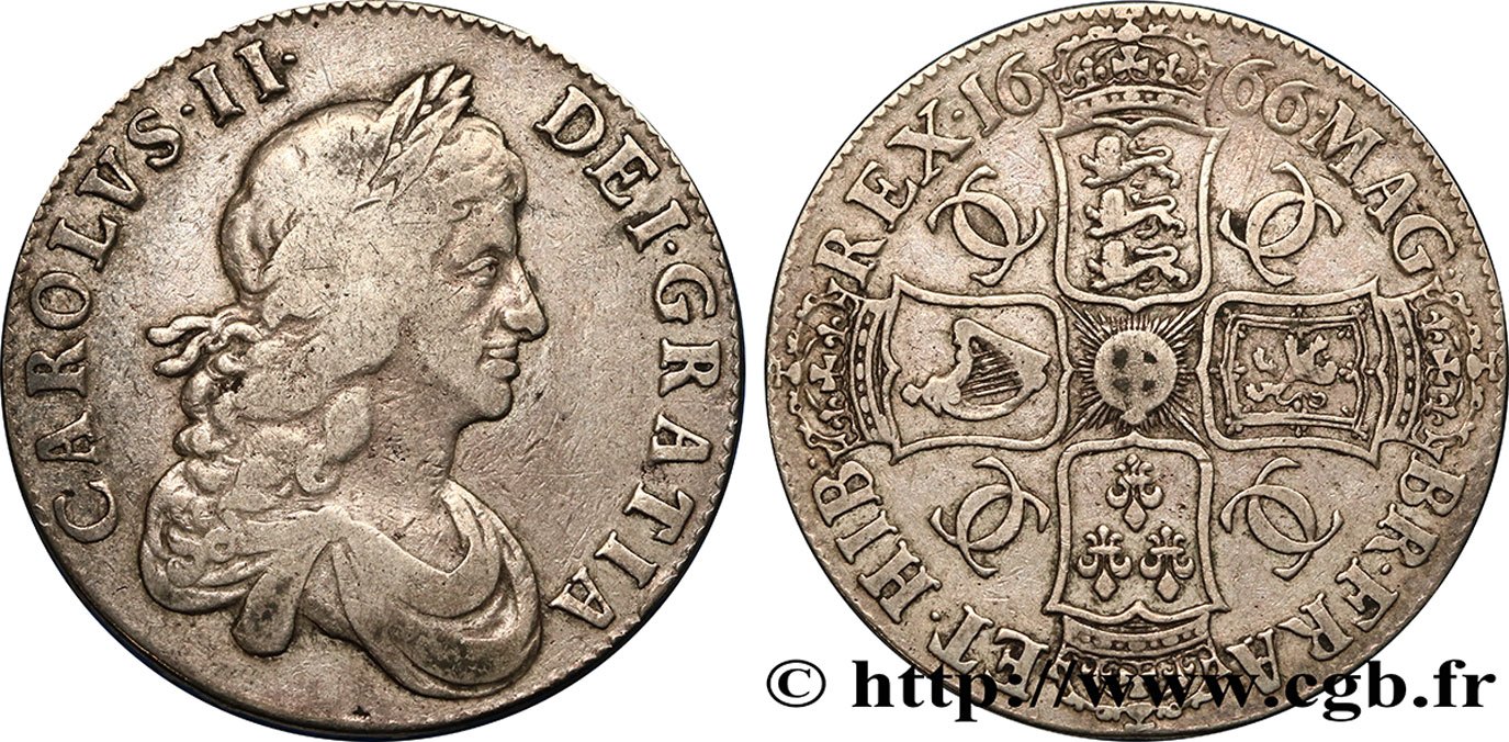 REINO UNIDO 1 Crown Charles II  1666  BC+/MBC 