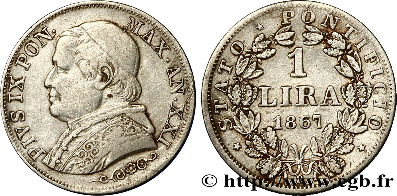 VATICAN AND PAPAL STATES 1 Lire Pie IX an XXI 1867 Rome VF 