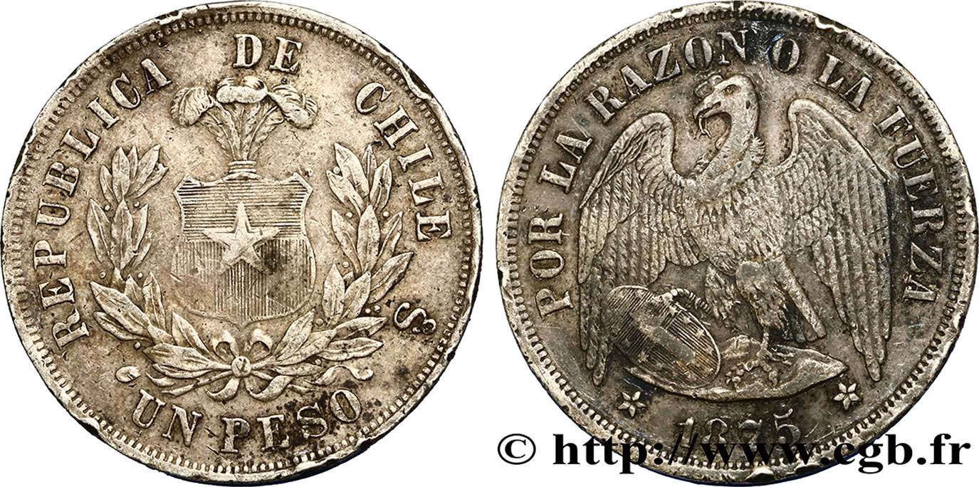 CHILI 1 Peso condor 1875 Santiago TB+ 