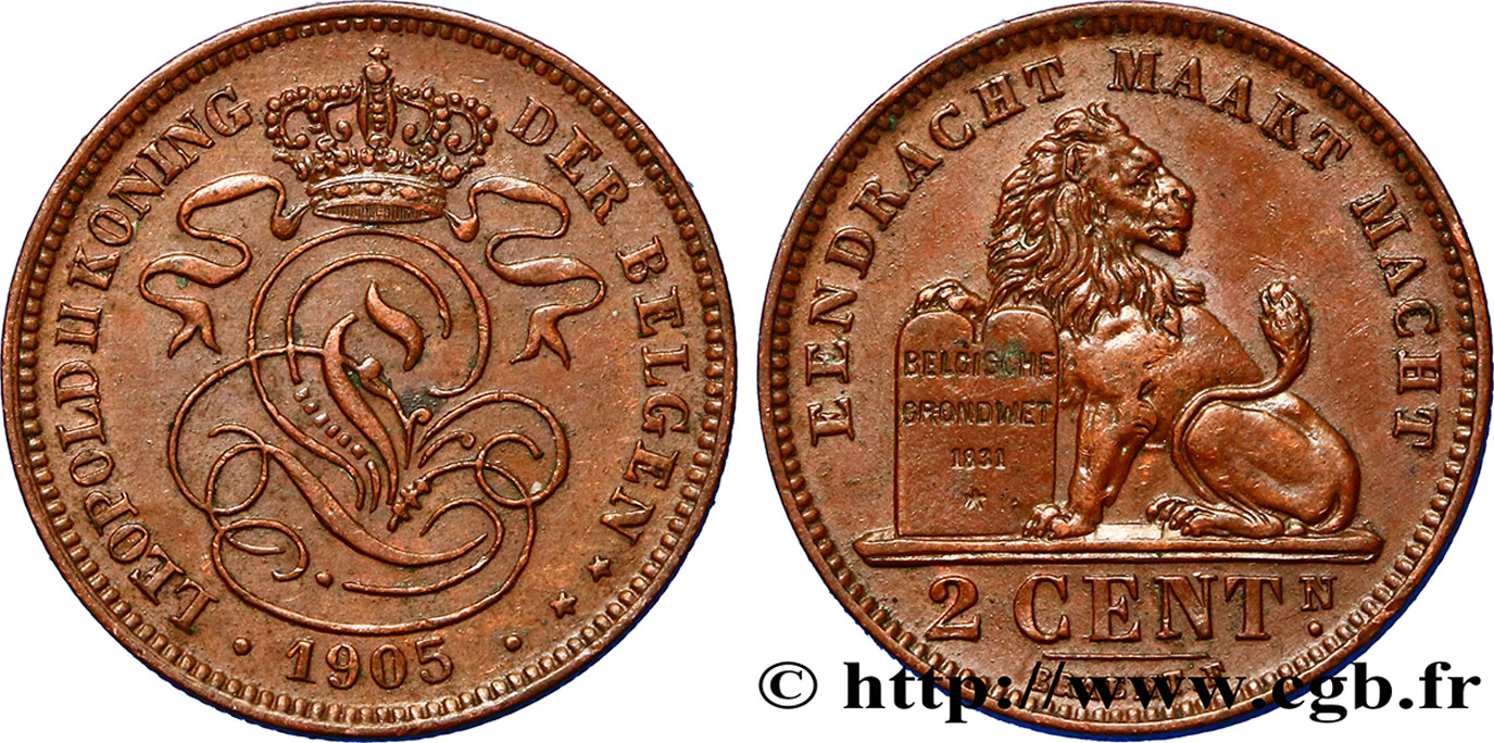 BELGIQUE 2 Centimes lion monogramme de Léopold II légende flamande 1905  SUP/TTB+ 