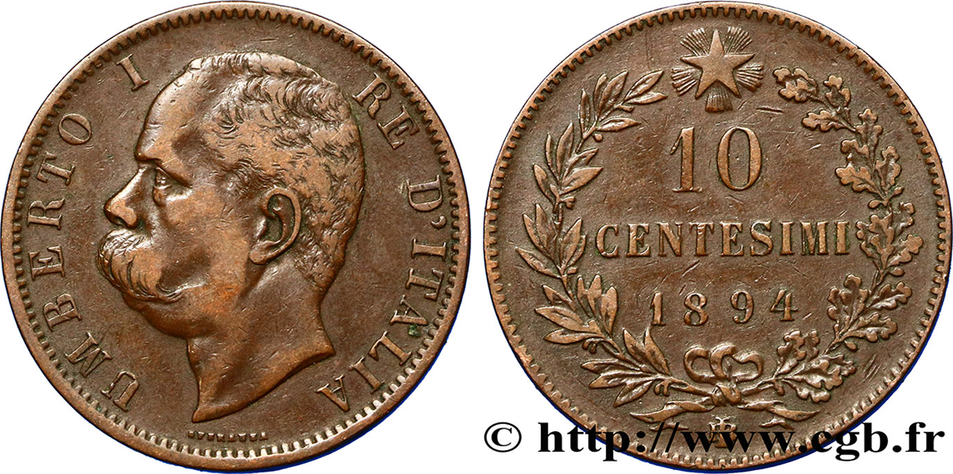 ITALY 10 Centesimi Humbert Ier 1894 Birmingham XF 