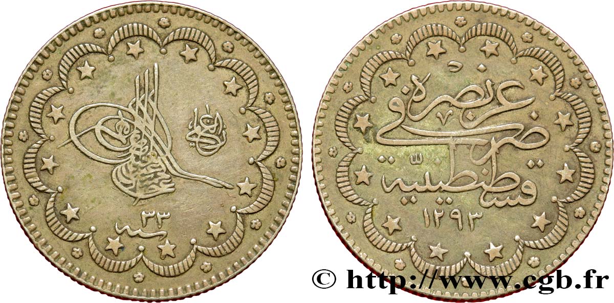 TURQUíA 10 Kurush au nom de Abdul Hamid II AH1293 an 33 1907 Constantinople MBC 
