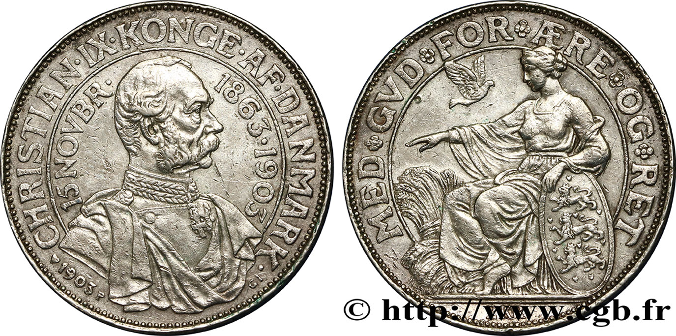 DANEMARK 2 Kroner 40e anniversaire de règne du roi Christian IX  1903 Copenhague TTB+ 