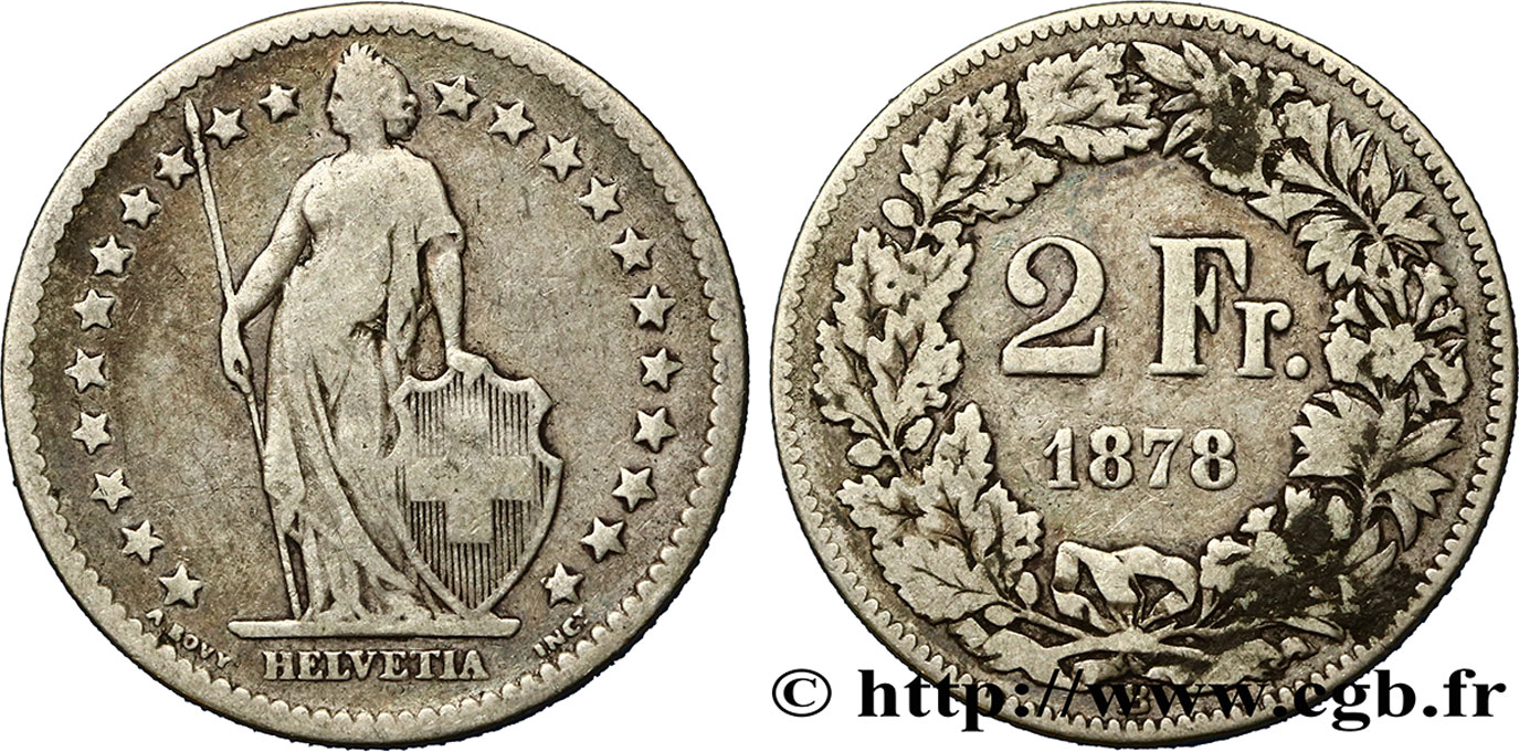 SUISSE 2 Francs Helvetia 1878 Berne TB 