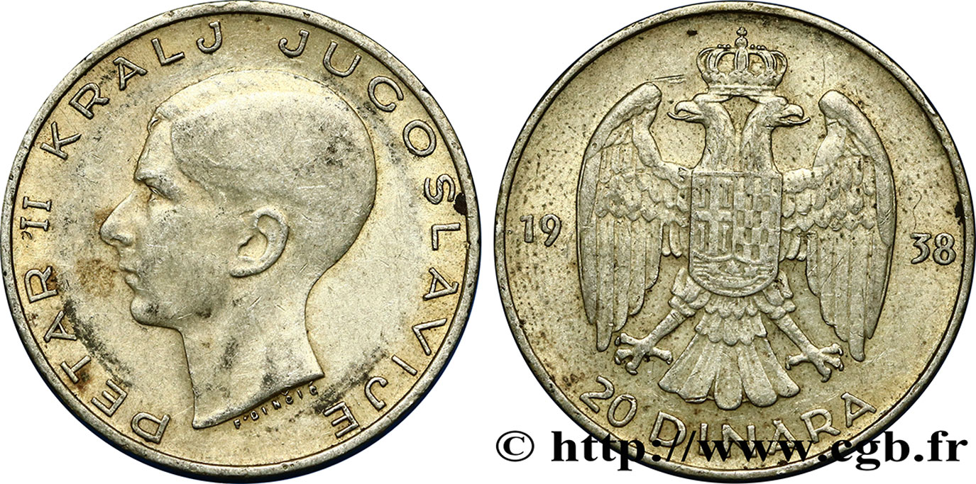 YUGOSLAVIA 20 Dinara Pierre II 1938  q.SPL 