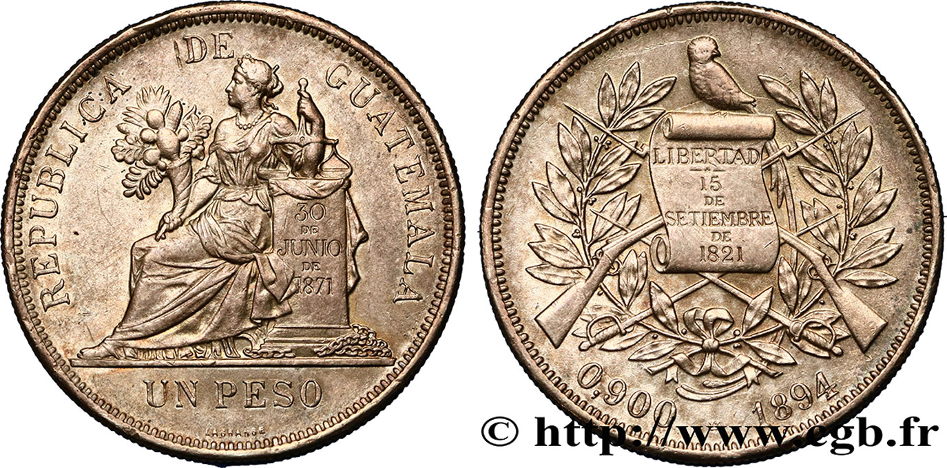 GUATEMALA 1 Peso 1894 Heaton AU/AU 
