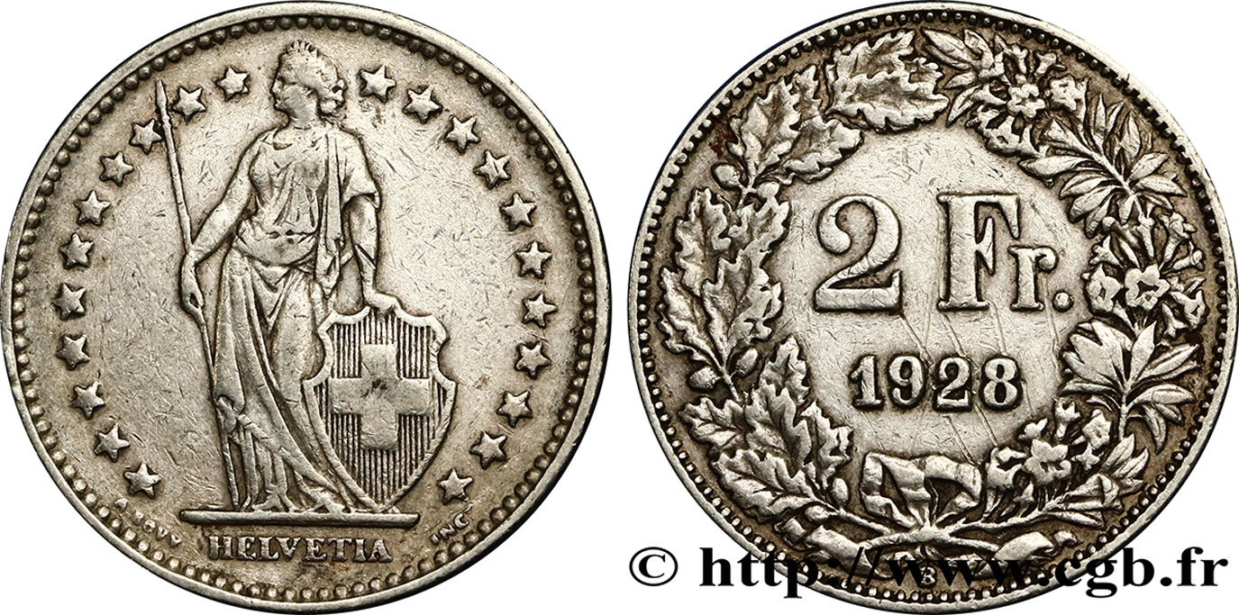 SUISSE 2 Francs Helvetia 1928 Berne - B TTB 