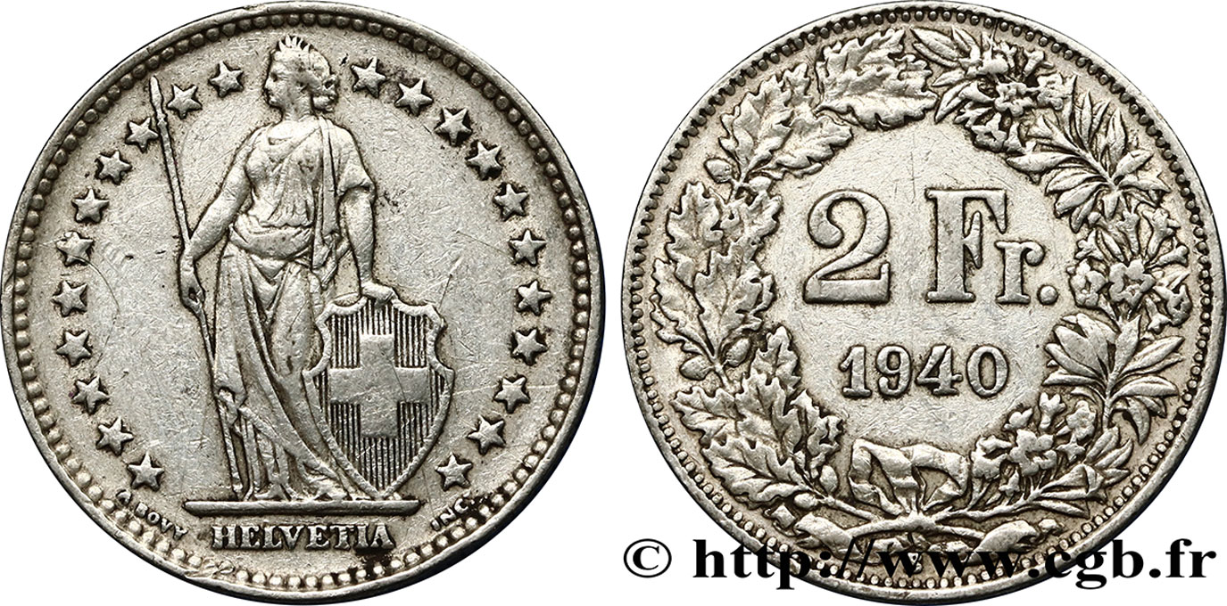 SWITZERLAND 2 Francs Helvetia 1940 Berne XF 