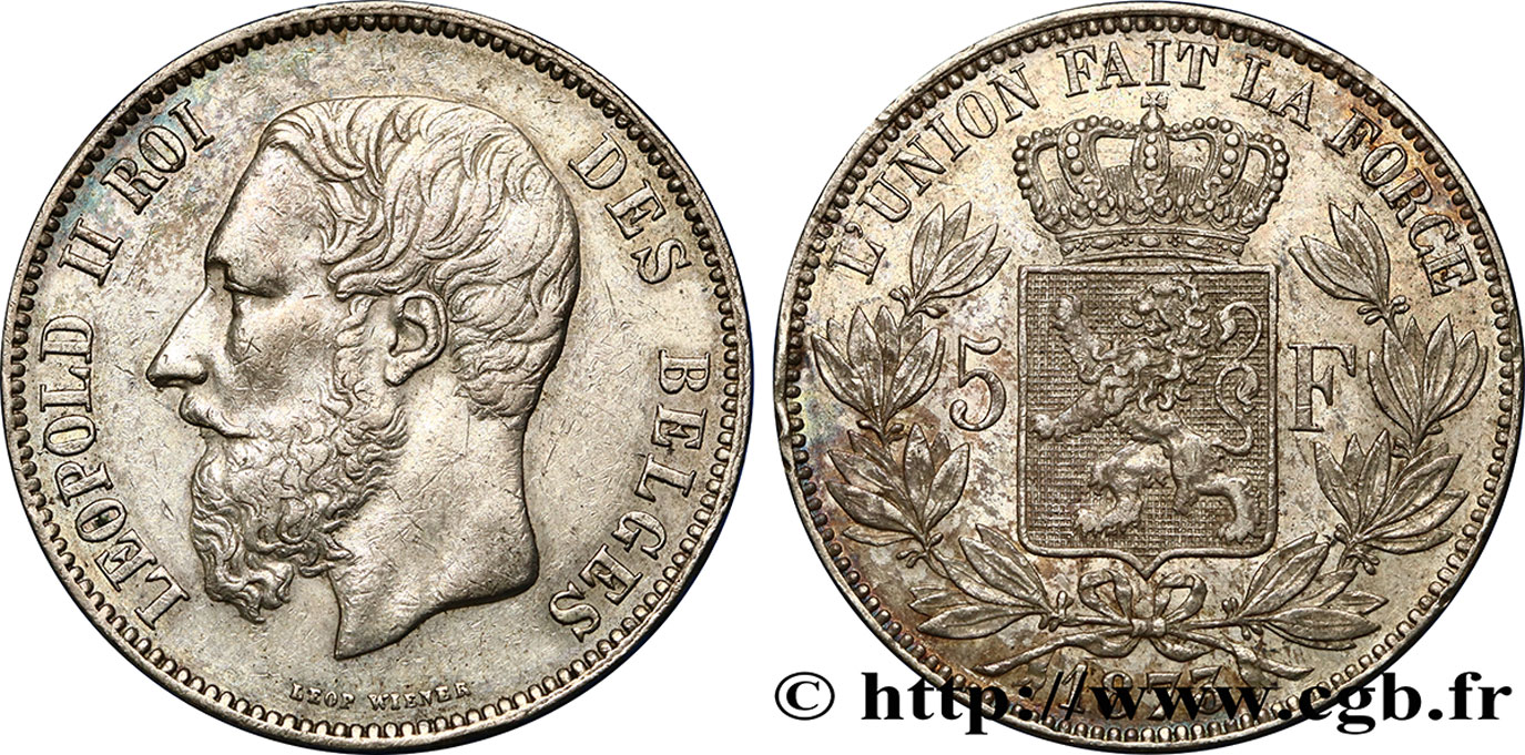 BELGIUM 5 Francs Léopold II 1873  XF/AU 