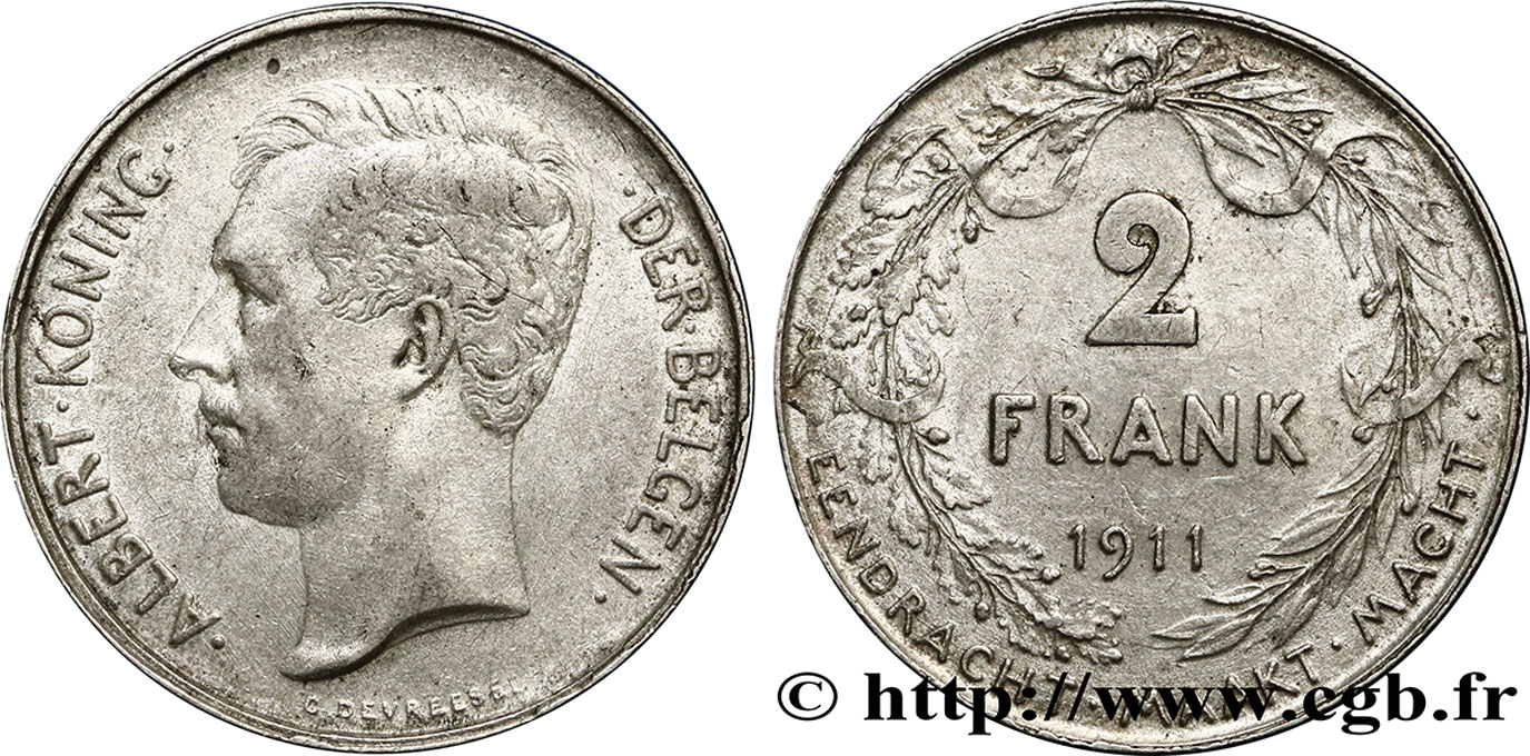 BELGIEN 2 Francs Albert Ier légende flamande 1911  VZ 