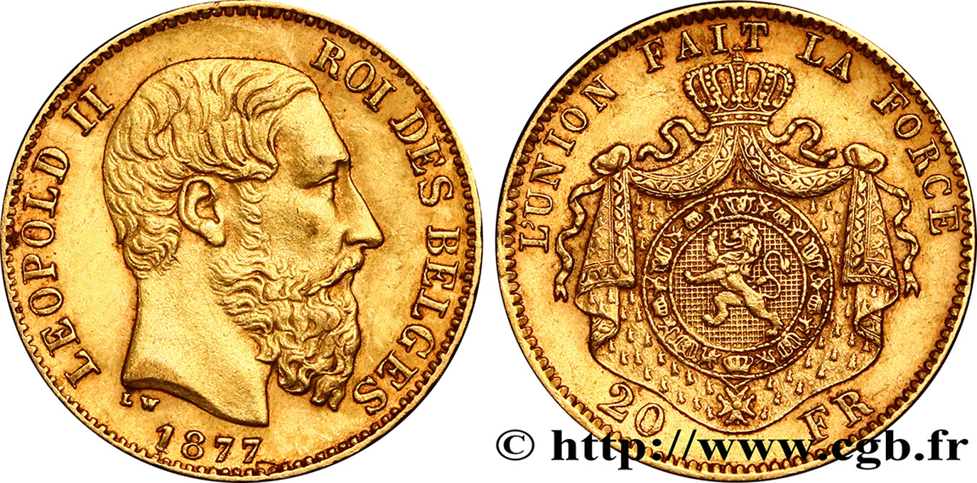 BELGIEN 20 Francs or Léopold II 1877 Bruxelles SS 
