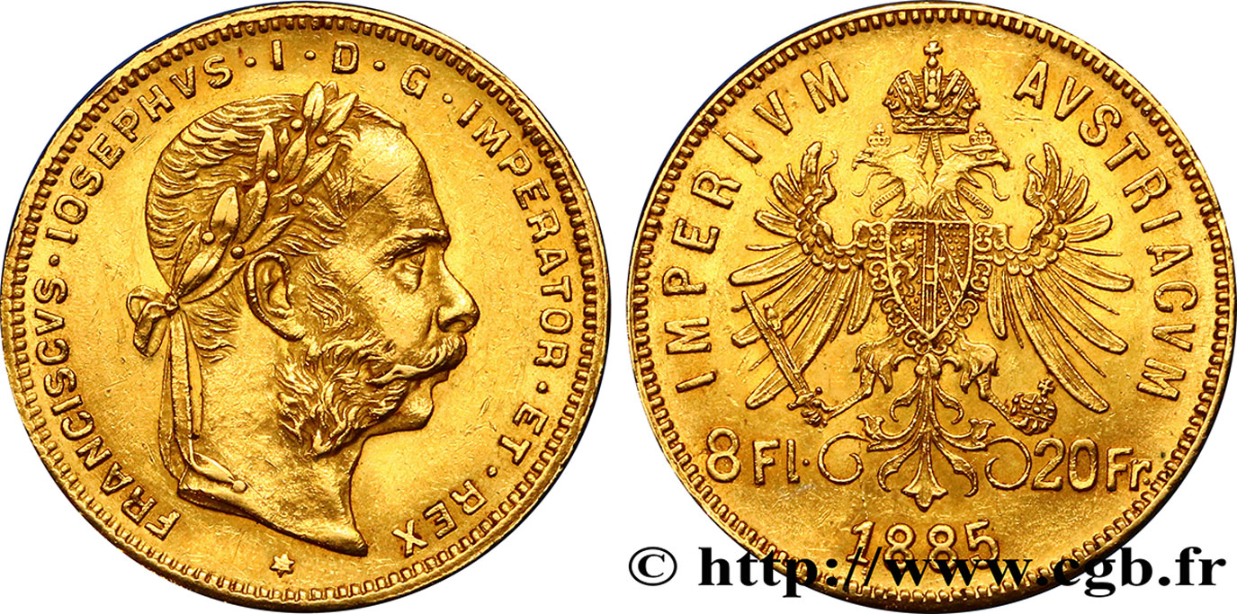 AUTRICHE 8 Florins ou 20 Francs François-Joseph Ier 1885 Vienne TTB+ 