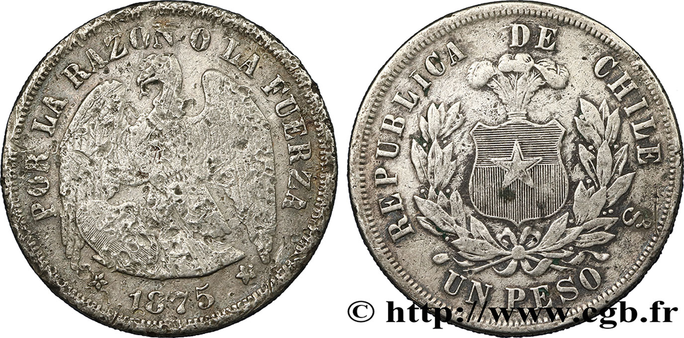 CHILE
 1 Peso condor 1875 Santiago BC 