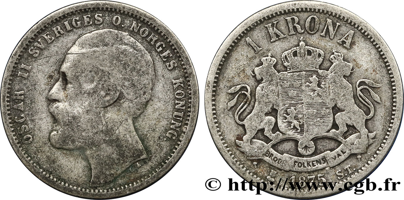 SWEDEN 1 Krona Oscar II 1875  F 