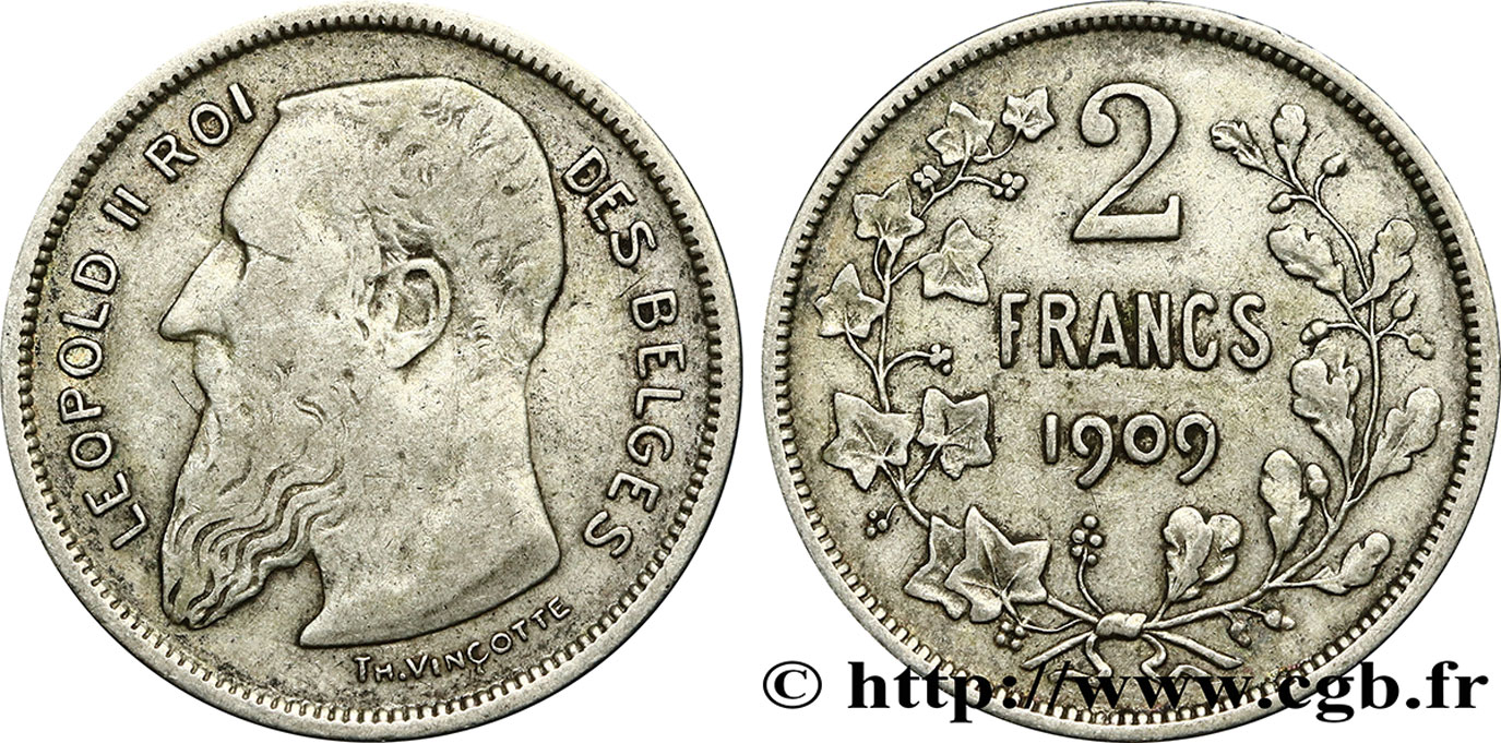 BELGIO 2 Francs Léopold II légende française 1909  q.BB 