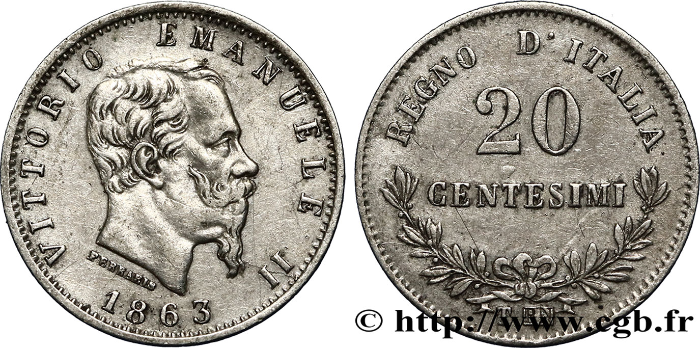 ITALY 20 Centesimi Victor Emmanuel II 1863 Turin XF 