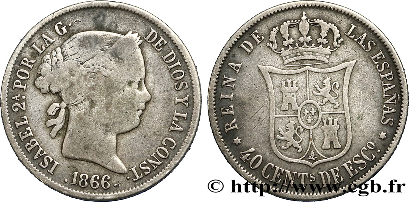 SPAIN 40 Centimos Isabelle II 1866 Madrid VF/VF 