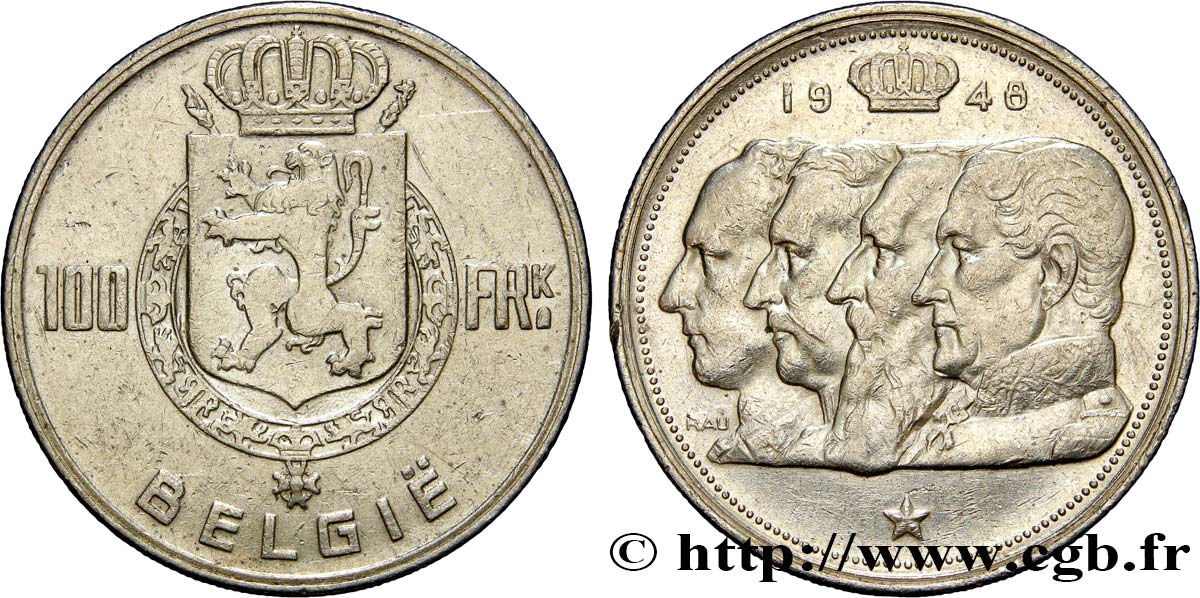 BELGIQUE 100 Francs bustes des quatre rois de Belgique, légende française 1948  TTB 