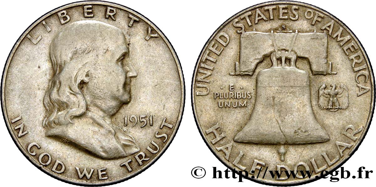 UNITED STATES OF AMERICA 1/2 Dollar Benjamin Franklin 1951 San Francisco VF 