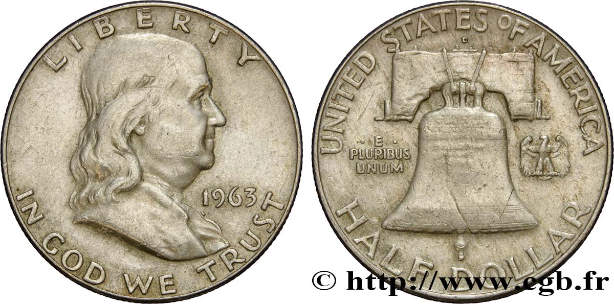 ÉTATS-UNIS D AMÉRIQUE 1/2 Dollar Benjamin Franklin 1963 Denver TTB 