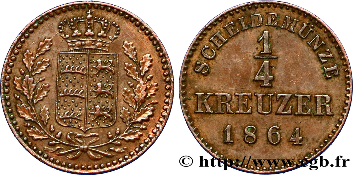 GERMANY - WÜRTTEMBERG 1/2 Kreuzer Royaume du Würtemberg 1864 Stuttgart AU 