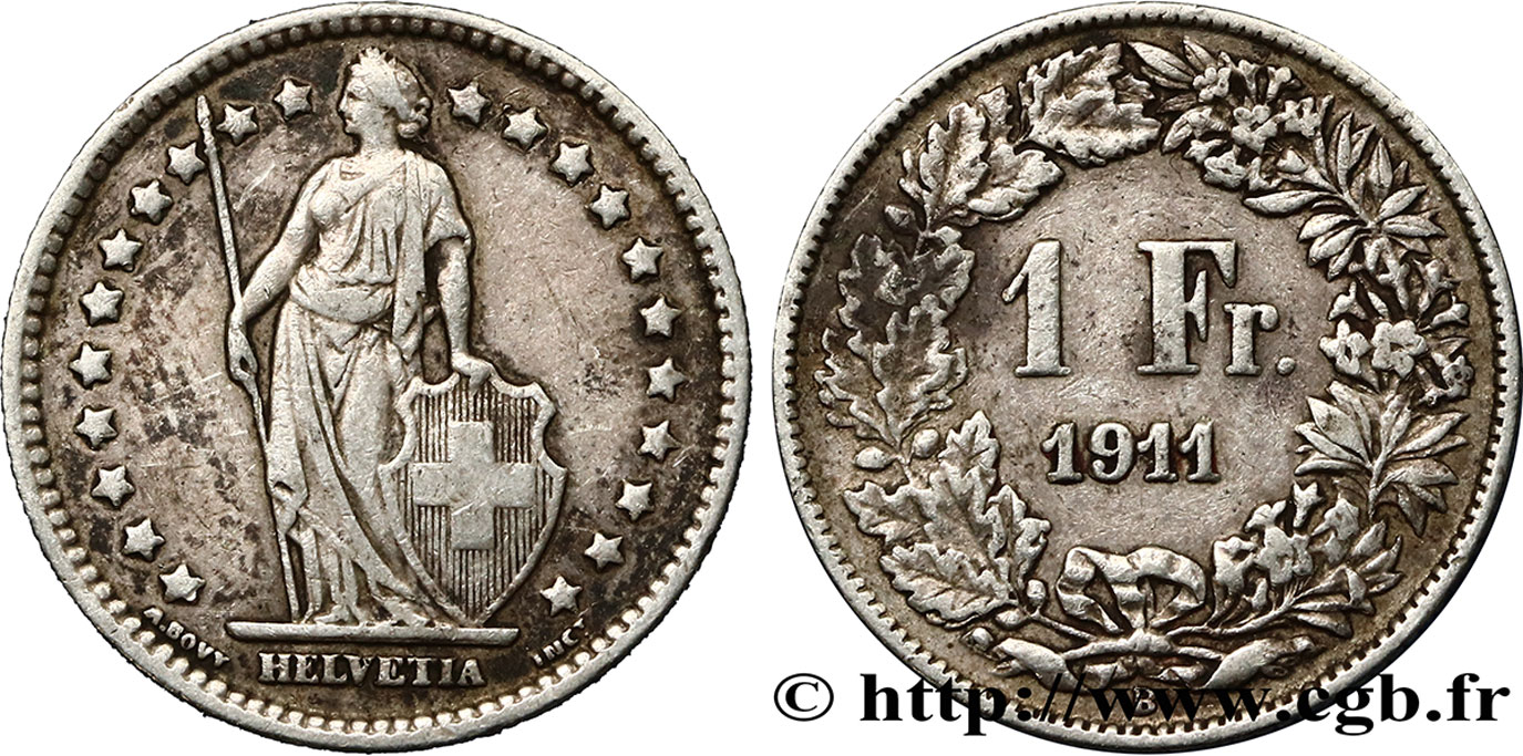 SUIZA 1 Franc Helvetia 1911 Berne - B BC+ 