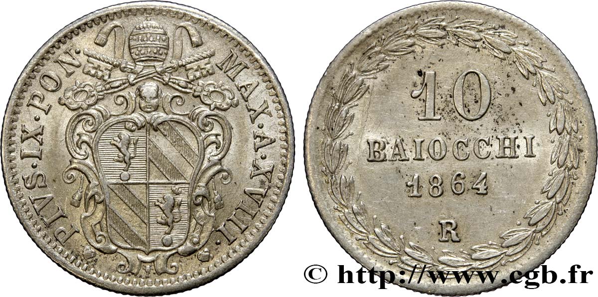 ITALIA - ESTADOS PONTIFICOS - PIE IX (Giovanni Maria Mastai Ferrettii) 10 Baiocchi an XVIII 1864 Rome EBC 