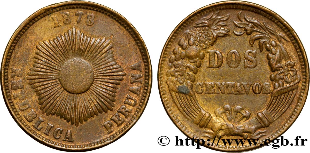 PERU 2 Centavos Soleil 1878  SS 