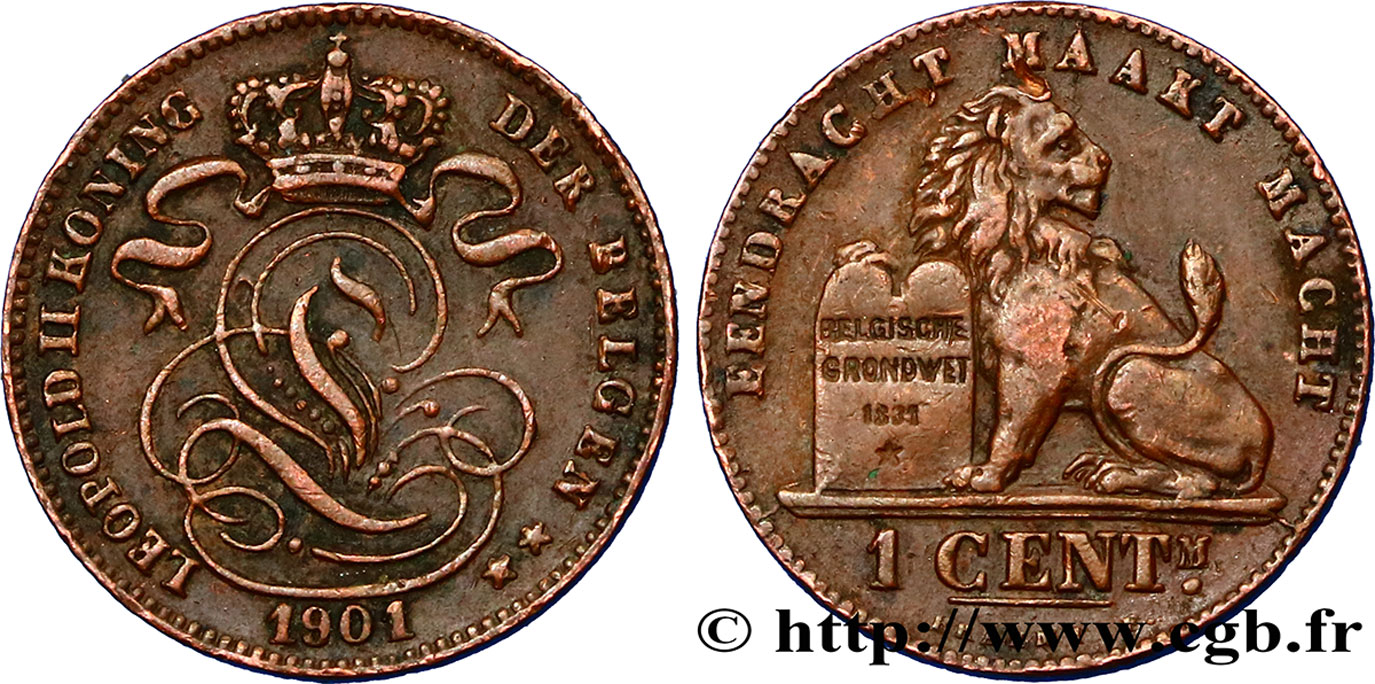 BELGIQUE 1 Centime lion monogramme de Léopold II légende en français 1901  TB+ 