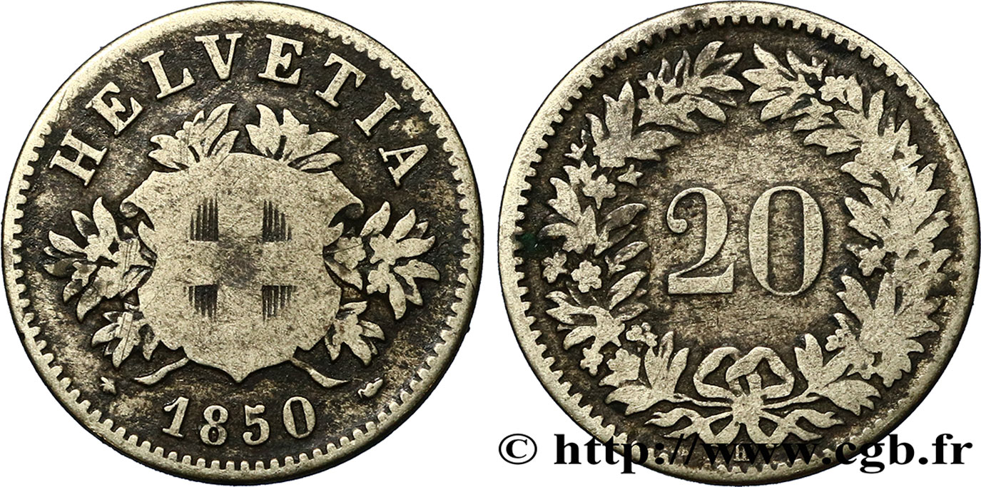 SWITZERLAND 20 Centimes (Rappen) croix suisse 1850 Strasbourg - BB VF 