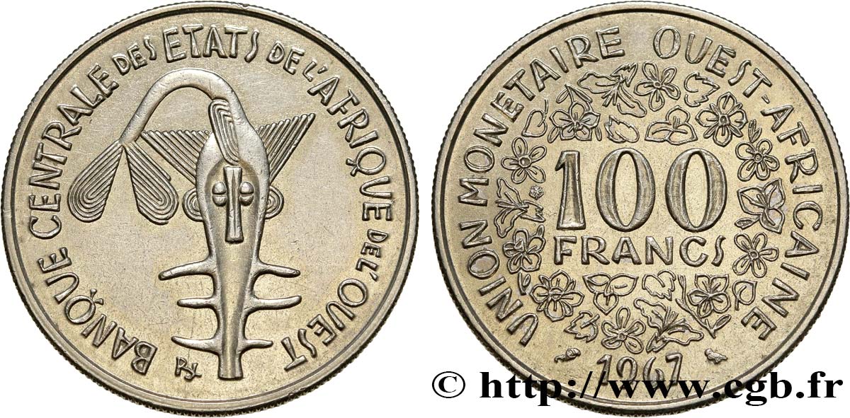 WEST AFRICAN STATES (BCEAO) 100 Francs masque 1967 Paris AU 